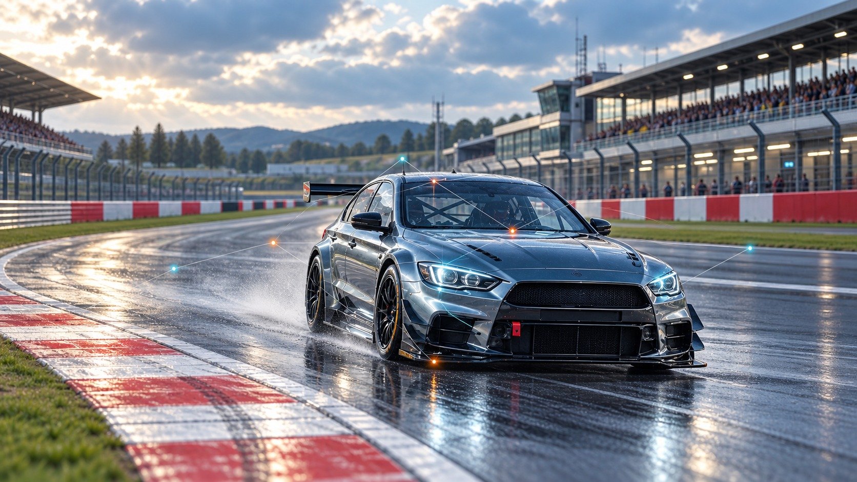 A racing car on a wet circuit overlaid with connected data points, linking to the Kineviz sports integrity sandbox