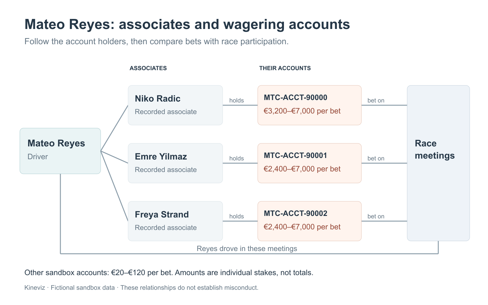 A diagram of a driver's recorded associates, the wagering accounts they hold, and the bets those accounts placed on meetings he drove in