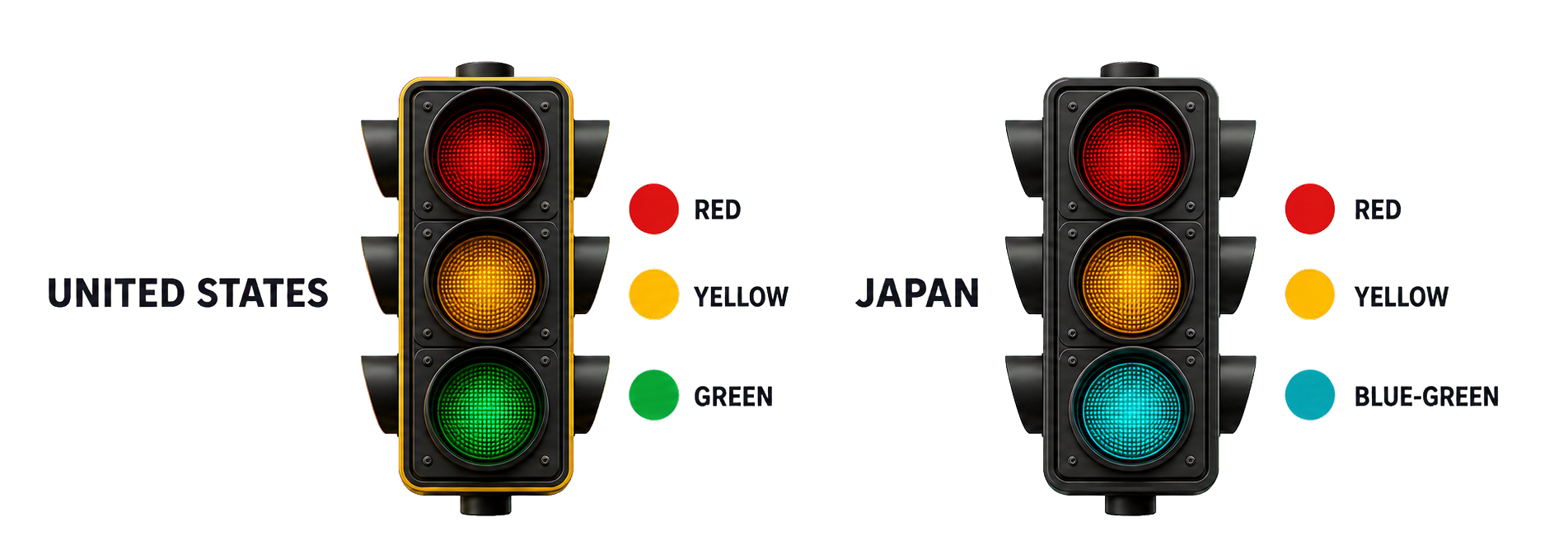 Illustration comparing US and Japanese traffic signals, with green and blue-green go lamps.