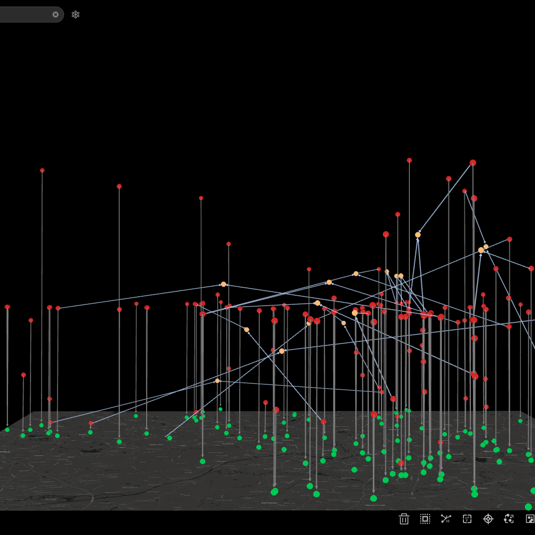 A 3D scatter plot graph with multiple data points connected by lines, featuring red, green, and orange dots on a dark background.