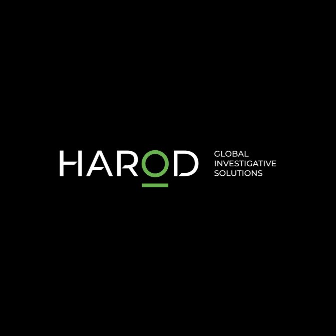 Logo for HAROD, a global investigative solutions company, with black background and white and green text.