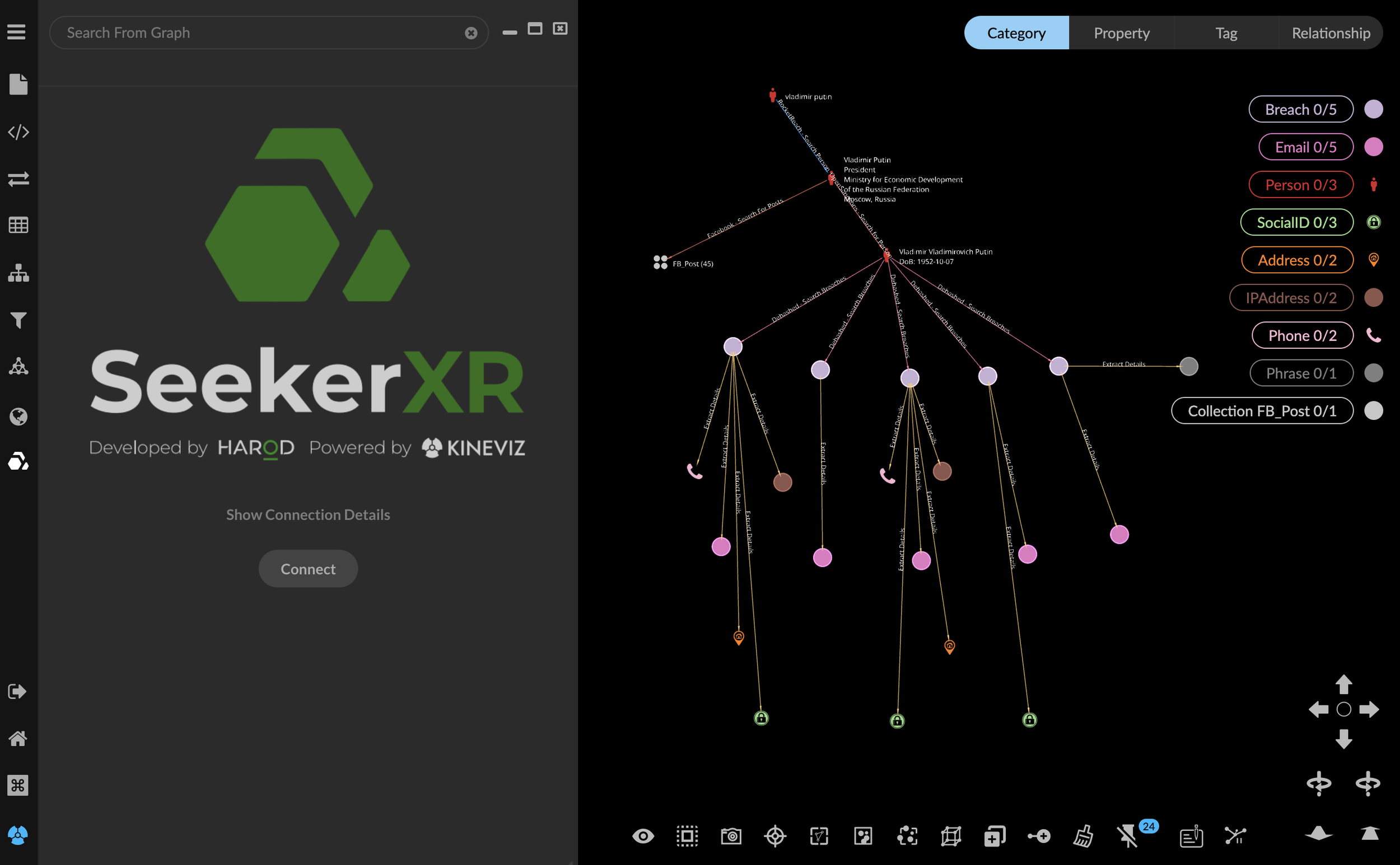 Connection graph for a social network analysis software called SeekerXR. It displays connections between various entities such as Vladimir Putin, social media posts, email, addresses, and phones, with color-coded categories indicating types of connections.