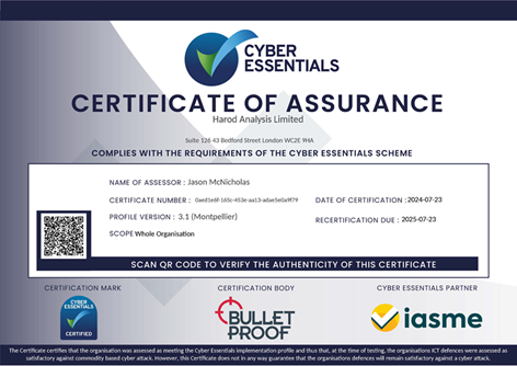 Cyber Essentials certificate of assurance for Harod Analysis Limited